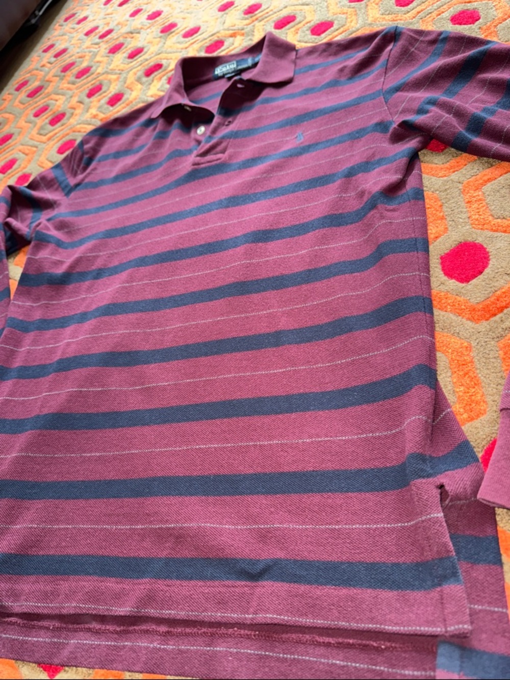 MAKE OFFER! Polo by Ralph Lauren Men's Burgundy Striped Long-Sleeve Polo Shirt S